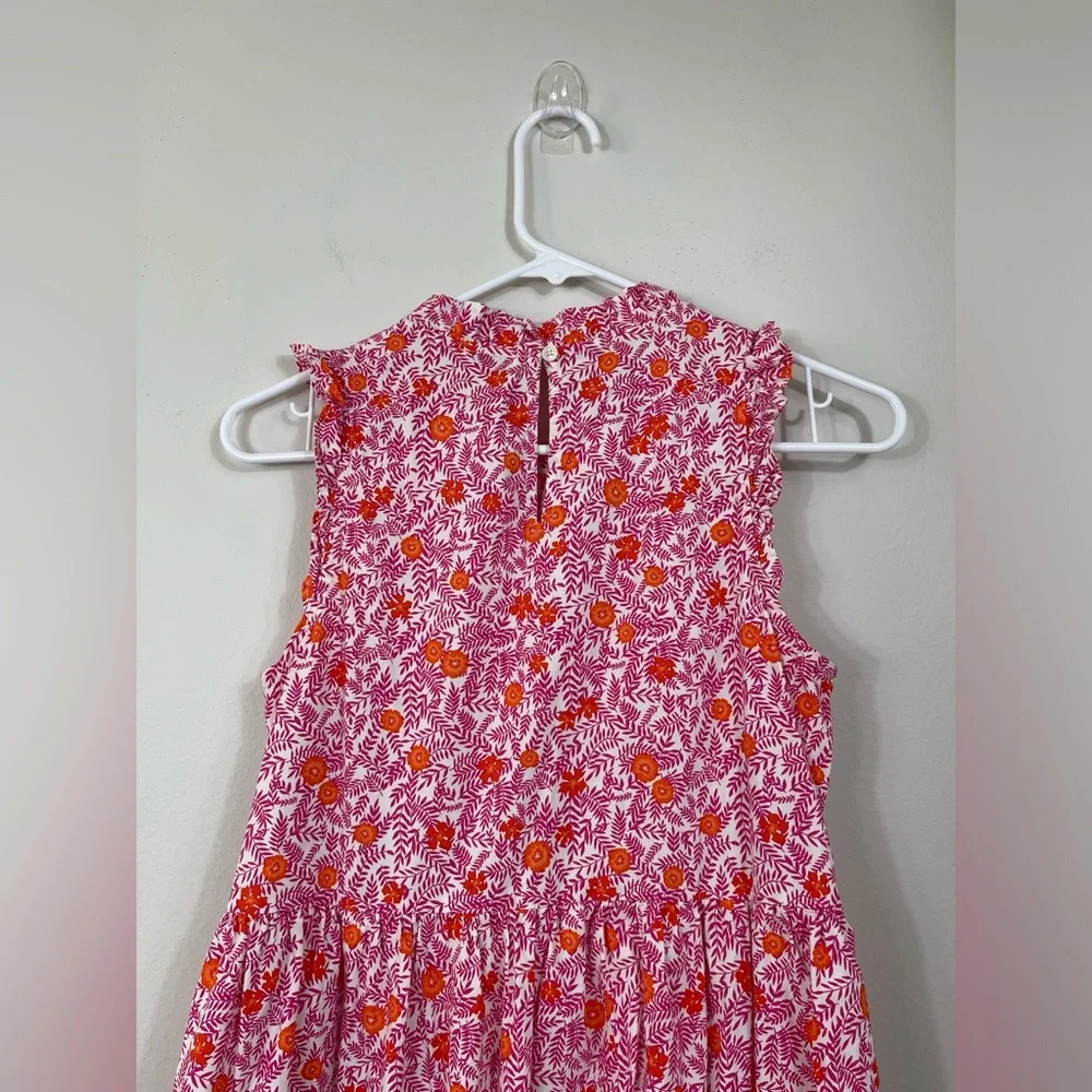 JCrew Floral Print Tiered Ruffle Sleeveless Pink Orange Cotton Dress Sz 0 - Picture 9 of 15
